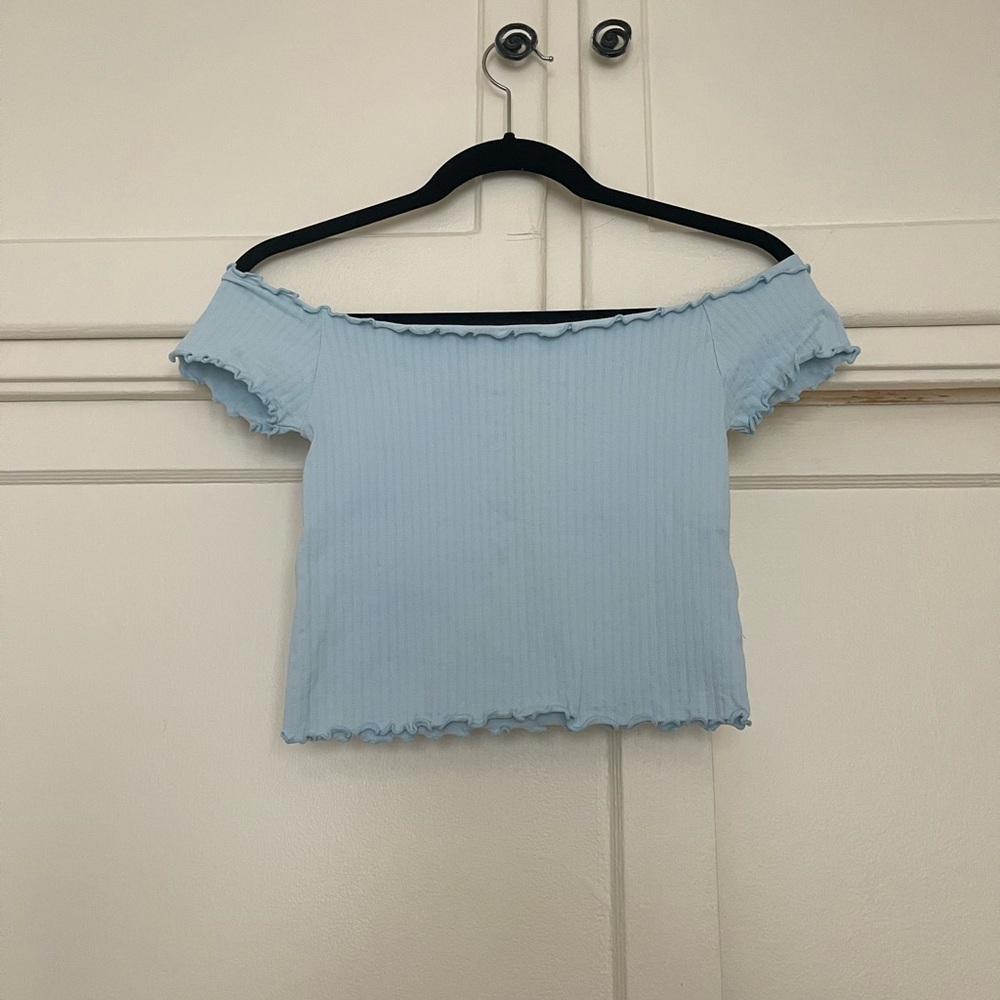 Shasa Light Blue Ribbed Off-Shoulder Crop Top